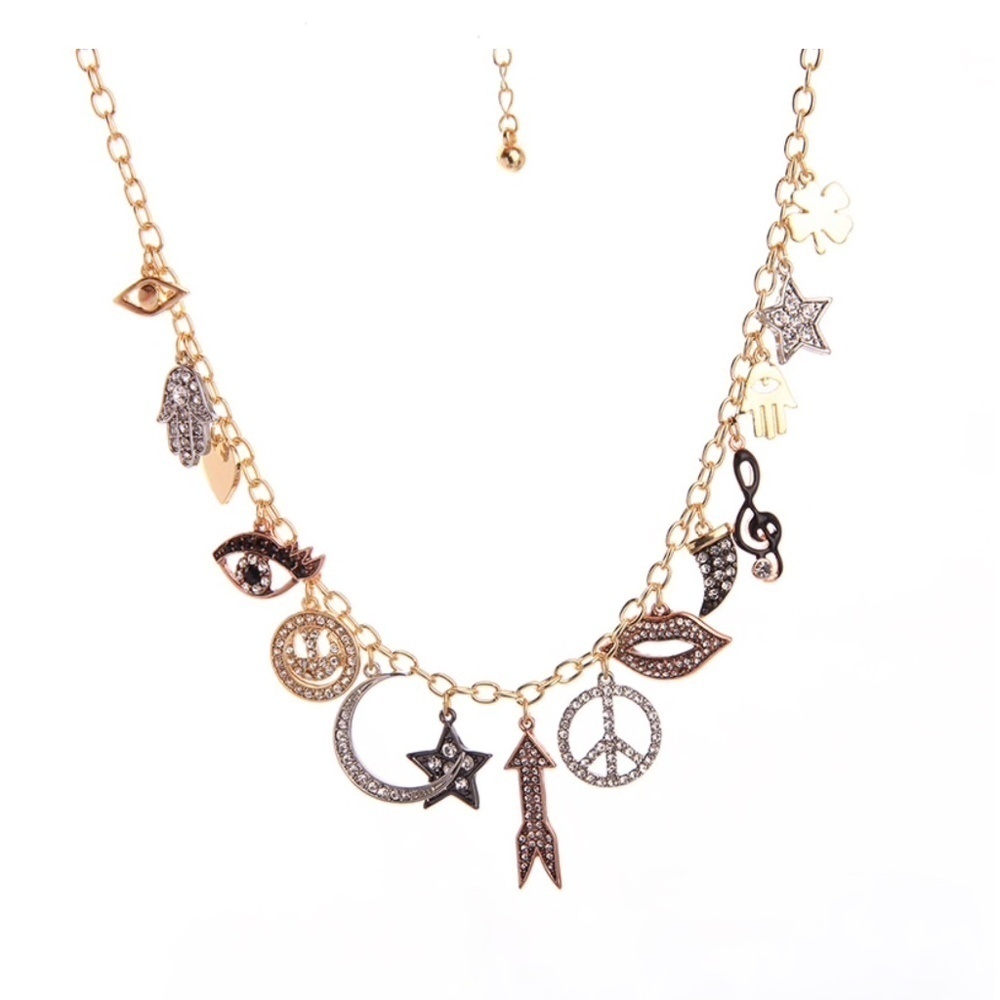 Goldtone and Jet Crystal Charmed Necklace